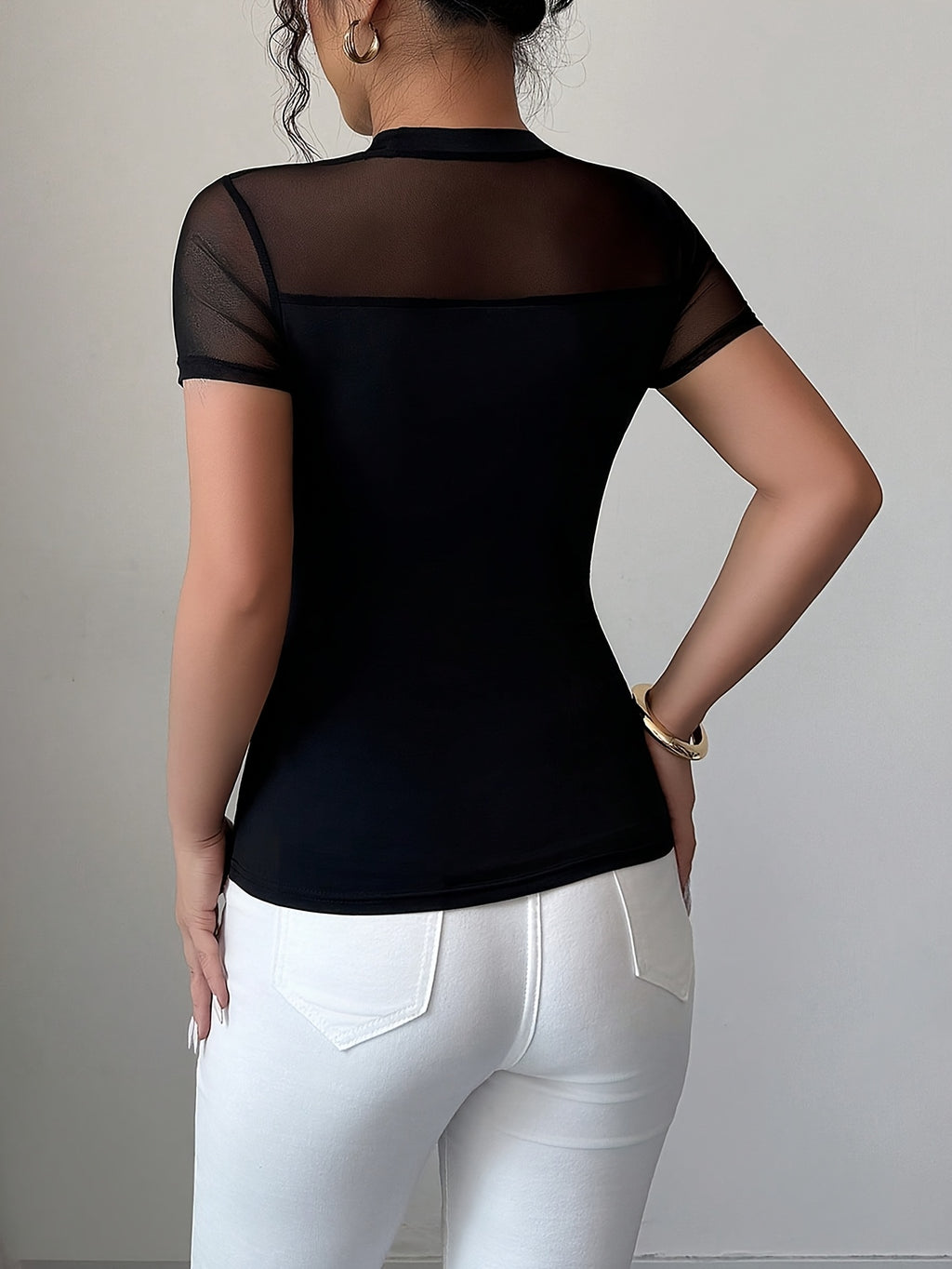 Women's Elegant Sheer Mesh Patchwork T-Shirt - Solid Color Round Neck Short Sleeve Blouse-Compatible Top | Spring Summer Breathable Mesh Panel Shirt Suitable for Layering, Machine Washable Casual & Dressy Wear - Black