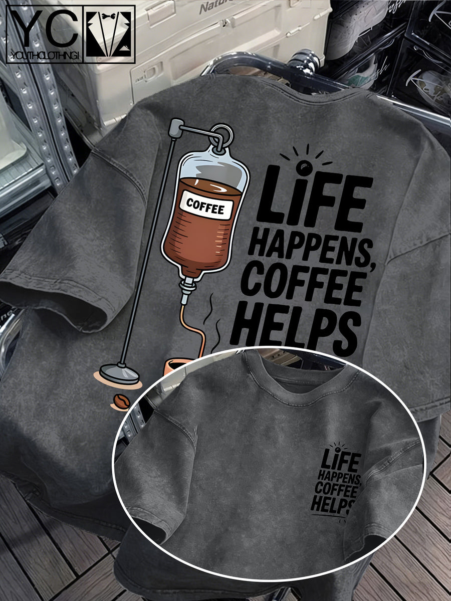 'LIFE HAPPENS COFFEE HELPS' Fun Text and Coffee Infusion Bag Creative Print  Distressed Washed Texture Men's Short-Sleeve T-Shirt, Machine Washable - Short-Sleeve Washed Texture, Loose Fit Crew Neck Casual Shirt - Light Grey