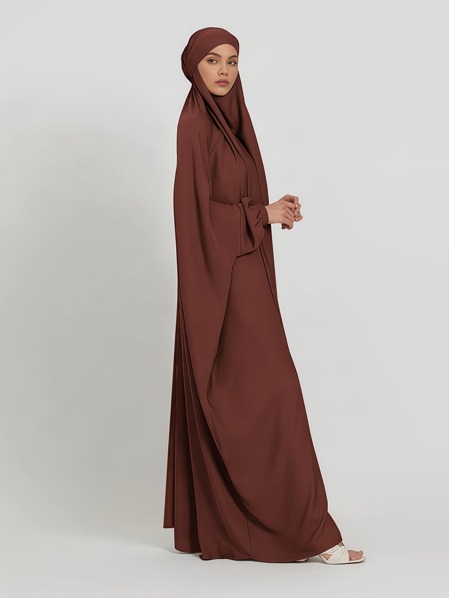 1pc Jilbab, 1pc Khimar with a Rich Drape, Cuffed Sleeves, and a Loose Fit, Suitable for Busy Daily Wear or Worship - Chocolate