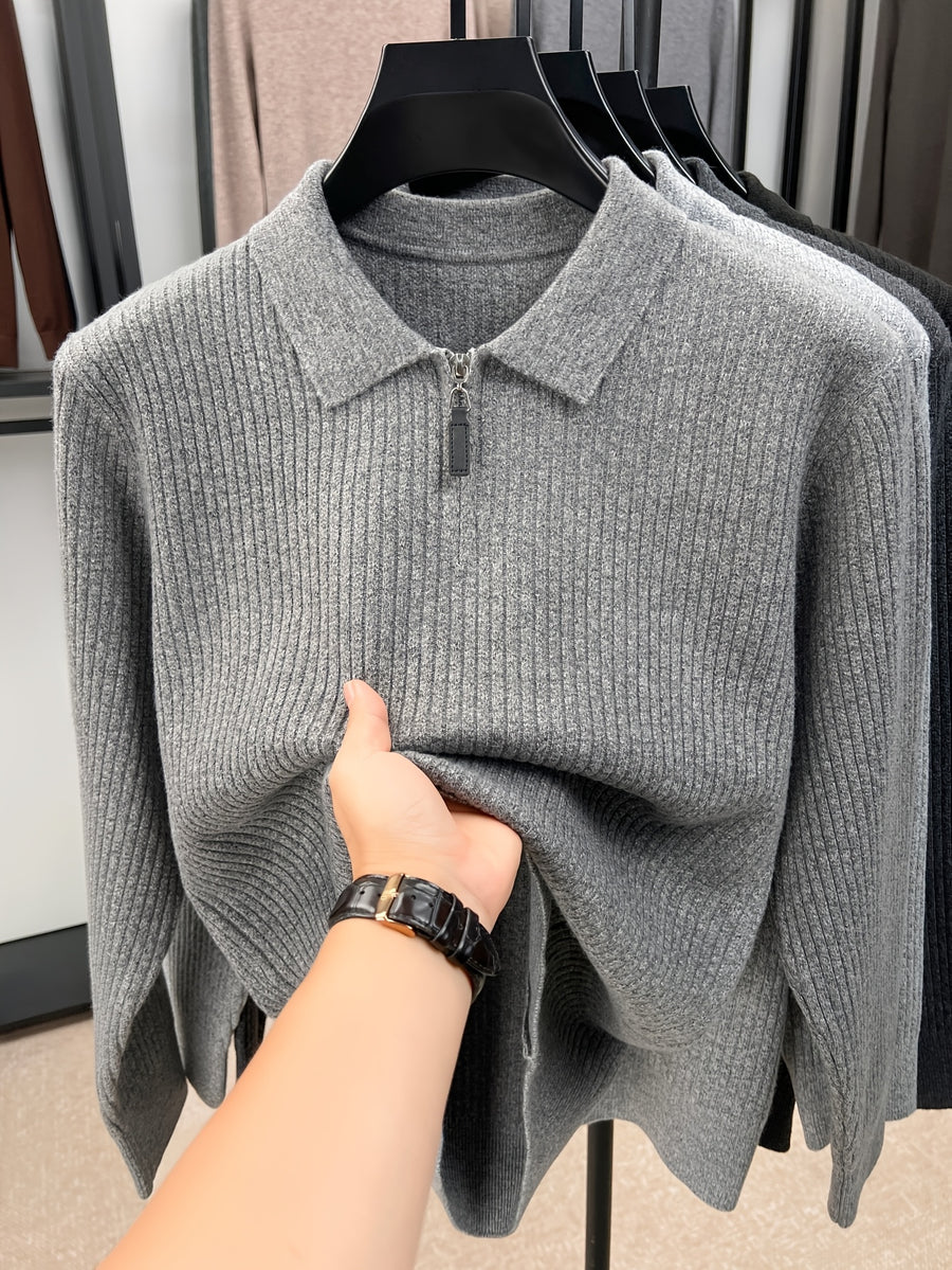 Xingfan Autumn/Winter Men's Ribbed Cable Knit Lapel Pullover Casual 4/1 Zipper Thickened Warm Long-Sleeve Sweater - Medium Gray