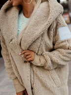 Fashion Women'S Wear Versatile Casual Hooded Faux Coat, Long Sleeve Ribbed Cuffs with Patchwork Decoration, Button-Up Casual Jacket, Autumn Winter Spring Fashion Faux Coat, Outdoor Fashion Casual Faux Coat - Khaki