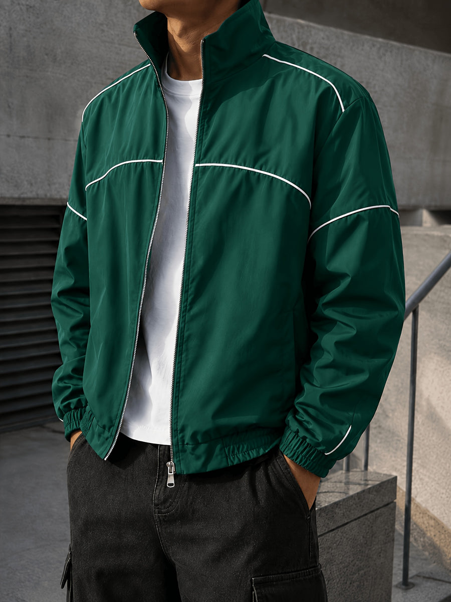 Men'S Color-Block Striped Stand-Collar Jacket, Autumn Casual Sporty Loose Long Sleeve Zipper Top, Western Street All-Match Commute Outdoor Men'S Clothing - Green