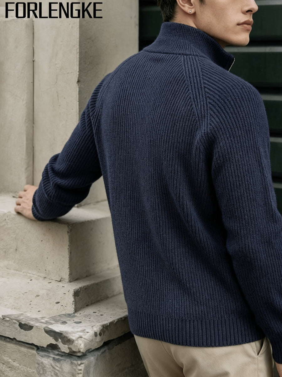 FORLENGKE Stylish Elegant Men'S Business Casual Quarter Zip Ribbed Knit Sweater, Soft Warm Long Sleeve Pullover for Fall Winter Office Daily Wear - Navy Color