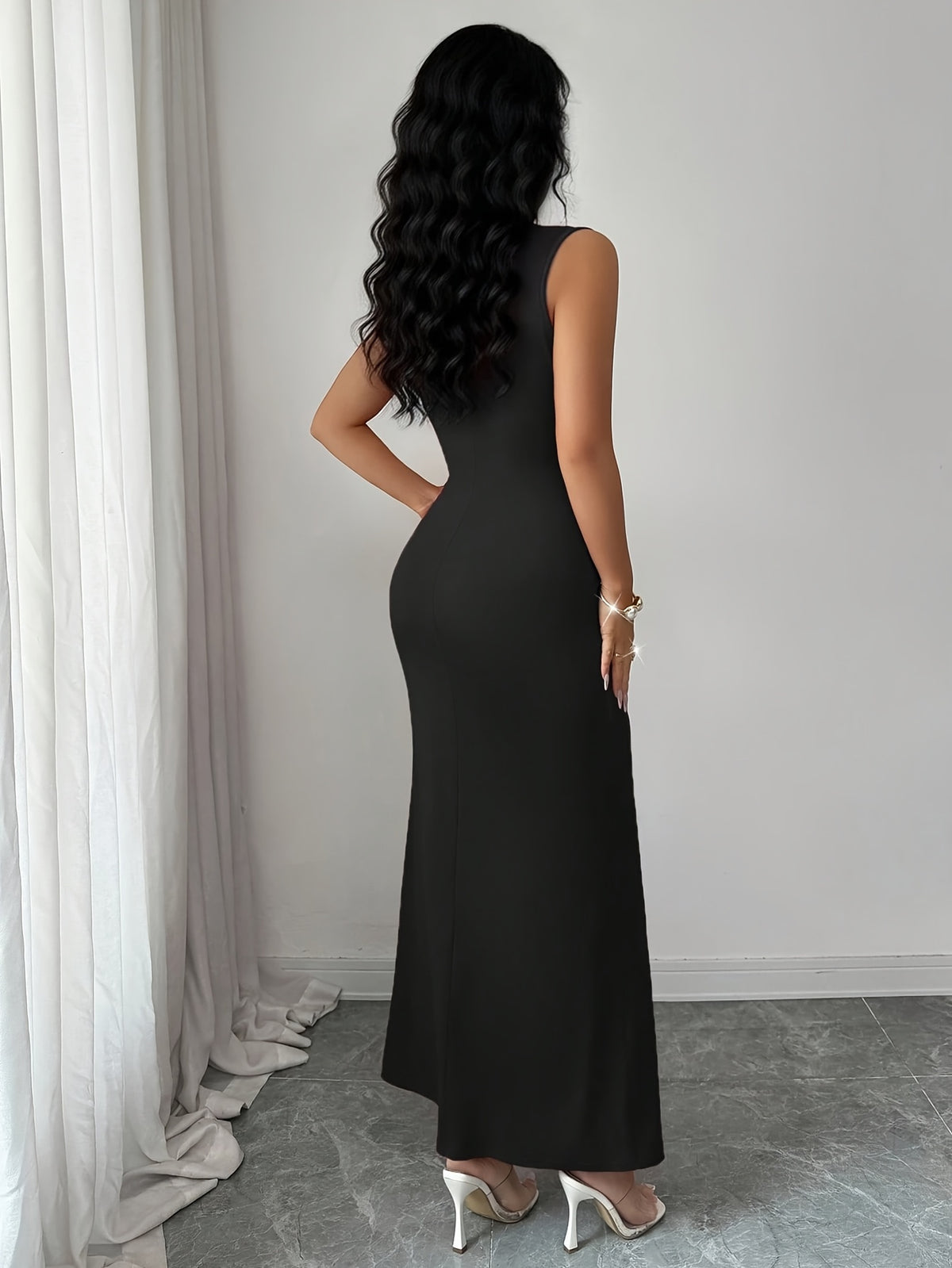 Summer Elegant Fashion Pearl Solid High-Neck Women'S Sleeveless Dress, Waist-Cinching Ruched Fishtail Long Dress, Temperament Evening Formal Gown - Black
