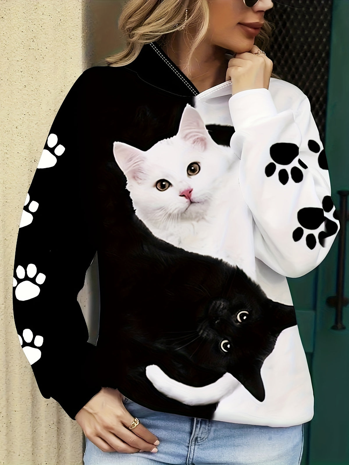 Women's Comfortable Cat Print Hoodie - Casual Long Sleeve Pullover, Machine Washable, Polyester - White