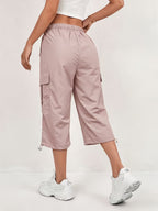 Women'S Quick-Dry Cargo Capri Pants with Elastic Waist And Drawstring - Lightweight Stretch Suitable for Outdoor Pants, Multi-Trousers, Machine Washable Loose-Fit Mid-Length for Travel, Casual Attire - Pink Color