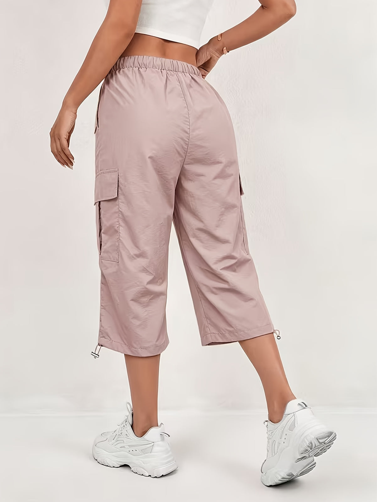 Women'S Quick-Dry Cargo Capri Pants with Elastic Waist And Drawstring - Lightweight Stretch Suitable for Outdoor Pants, Multi-Trousers, Machine Washable Loose-Fit Mid-Length for Travel, Casual Attire - Pink Color