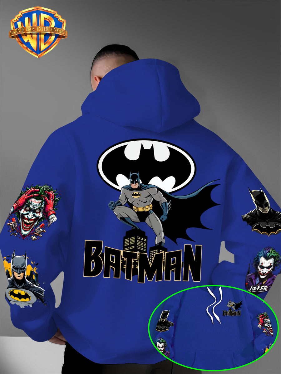DC Batman Joker IP Official Hooded Sweatshirt with Gotham Crouching Batman on the Back + Bat Logo Themed Print, Drawstring Loose Hoodie, Wear-Resistant and Wash-Resistant Autumn/Winter Trendy Top - Blue