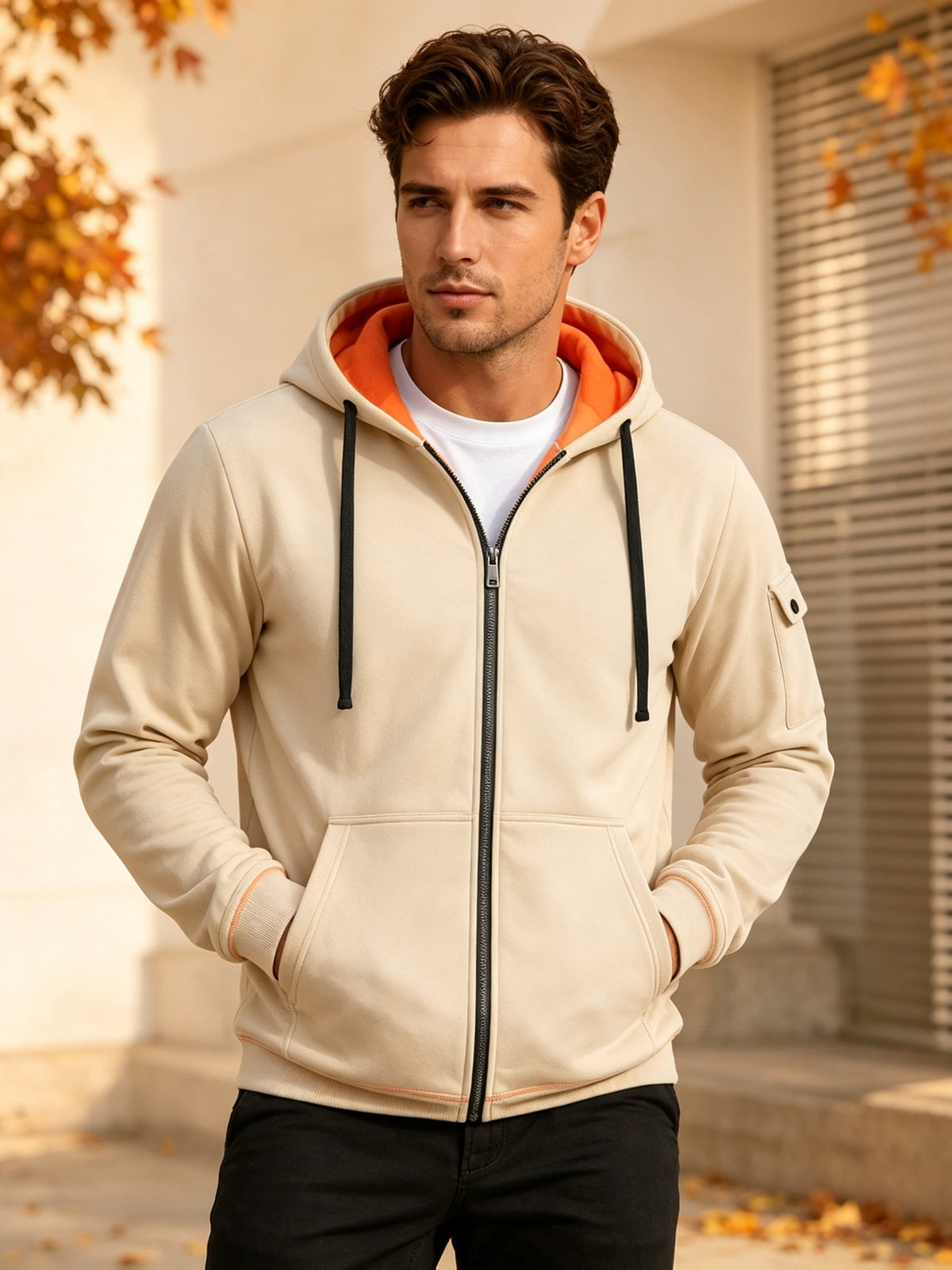 Hoodie, Men'S Fashion Color-Block Zip-Up Hoodie, Multi-Pocket Design Showcasing Individuality, Solid Casual Versatile Hoodie, Autumn/Winter Outerwear - Apricot