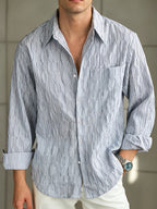Men'S Fashion Striped Textured Shirt, Collared Button-Up Long Sleeve Casual Vacation Street Style Top - Blue