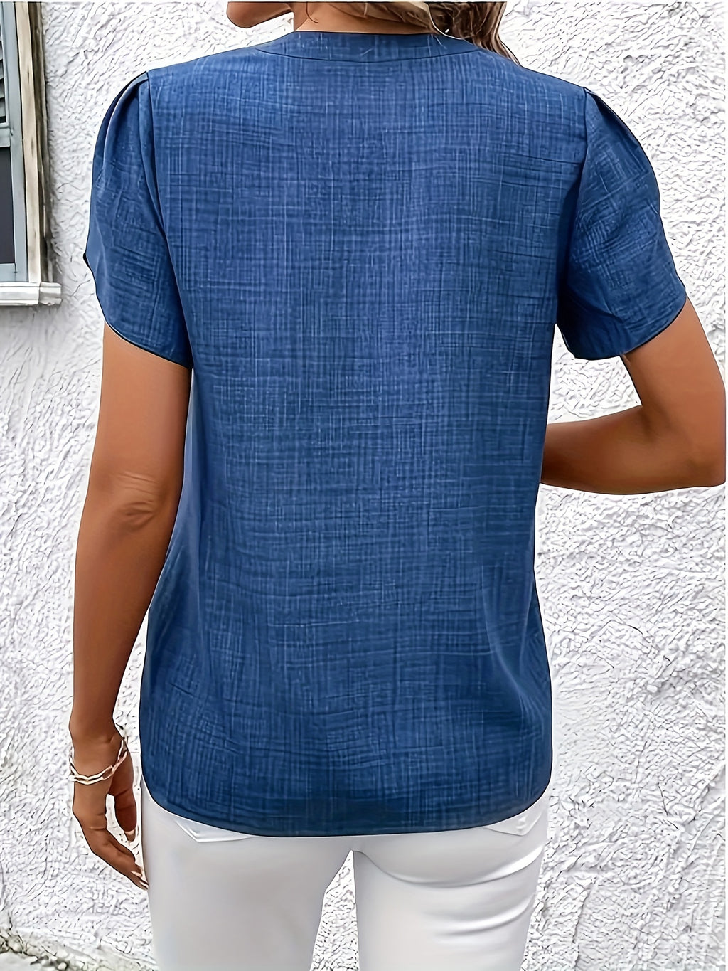 Elegant Petal Sleeve Notched V-Neck Shirt | Solid Color, Suitable for Spring/Summer/Fall - Blue