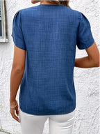 Elegant Petal Sleeve Notched V-Neck Shirt | Solid Color, Suitable for Spring/Summer/Fall - Blue