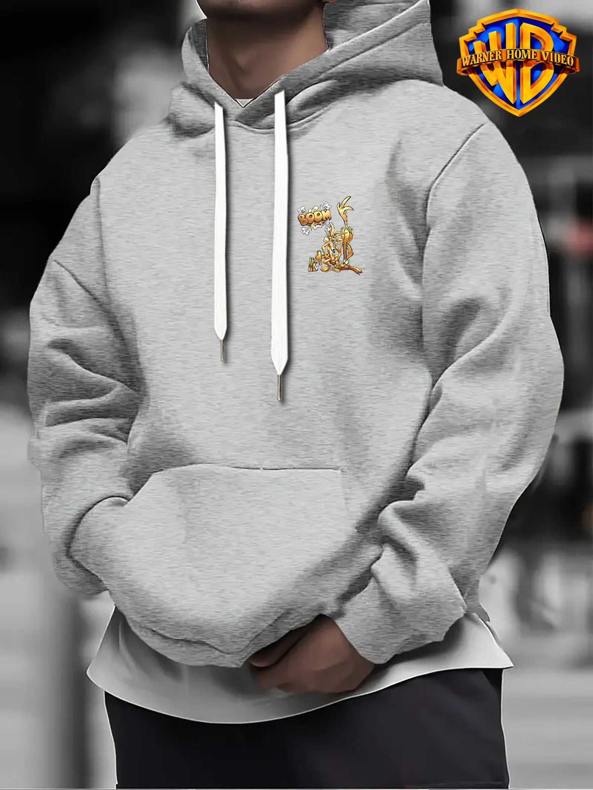 Warner Bros Official 1pc, Vintage Monochrome Gilded Original Art BOOM Exploding Crooked Heart Wolf Cartoon Streetwear Hoodie - Men's Fashion Hoodie, Double-Sided Front and Back Print, Adjustable Drawstring Loose and Comfortable Sweatshirt - Light Grey