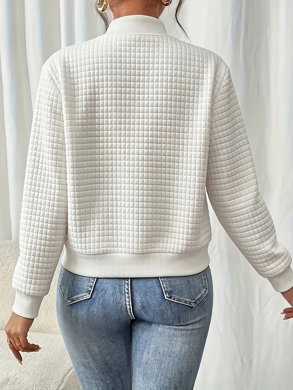 Easy Temperament Checkered Embossed Jacket, Casual All-Match Commute Loose Short Stand-Up Collar Coat Women'S - White