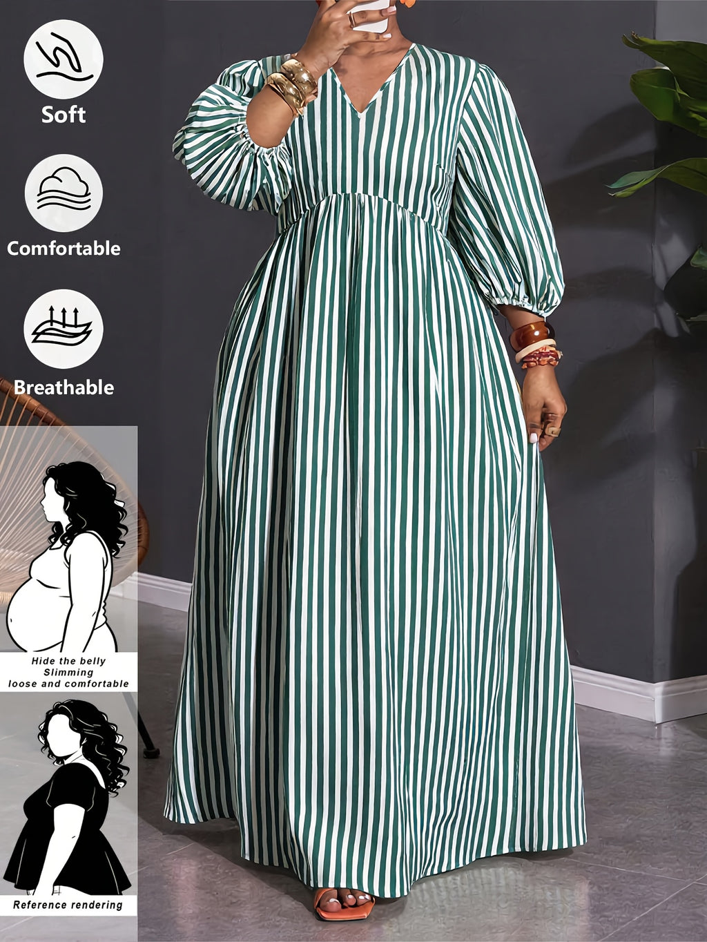 Plus Size, Plus-size Women's Vertical Stripe Long Dress, V-neck Puff Long Sleeve High-waist Flowy A-line Vacation Casual Maxi Dress - Green