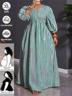 Plus Size, Plus-size Women's Vertical Stripe Long Dress, V-neck Puff Long Sleeve High-waist Flowy A-line Vacation Casual Maxi Dress - Green