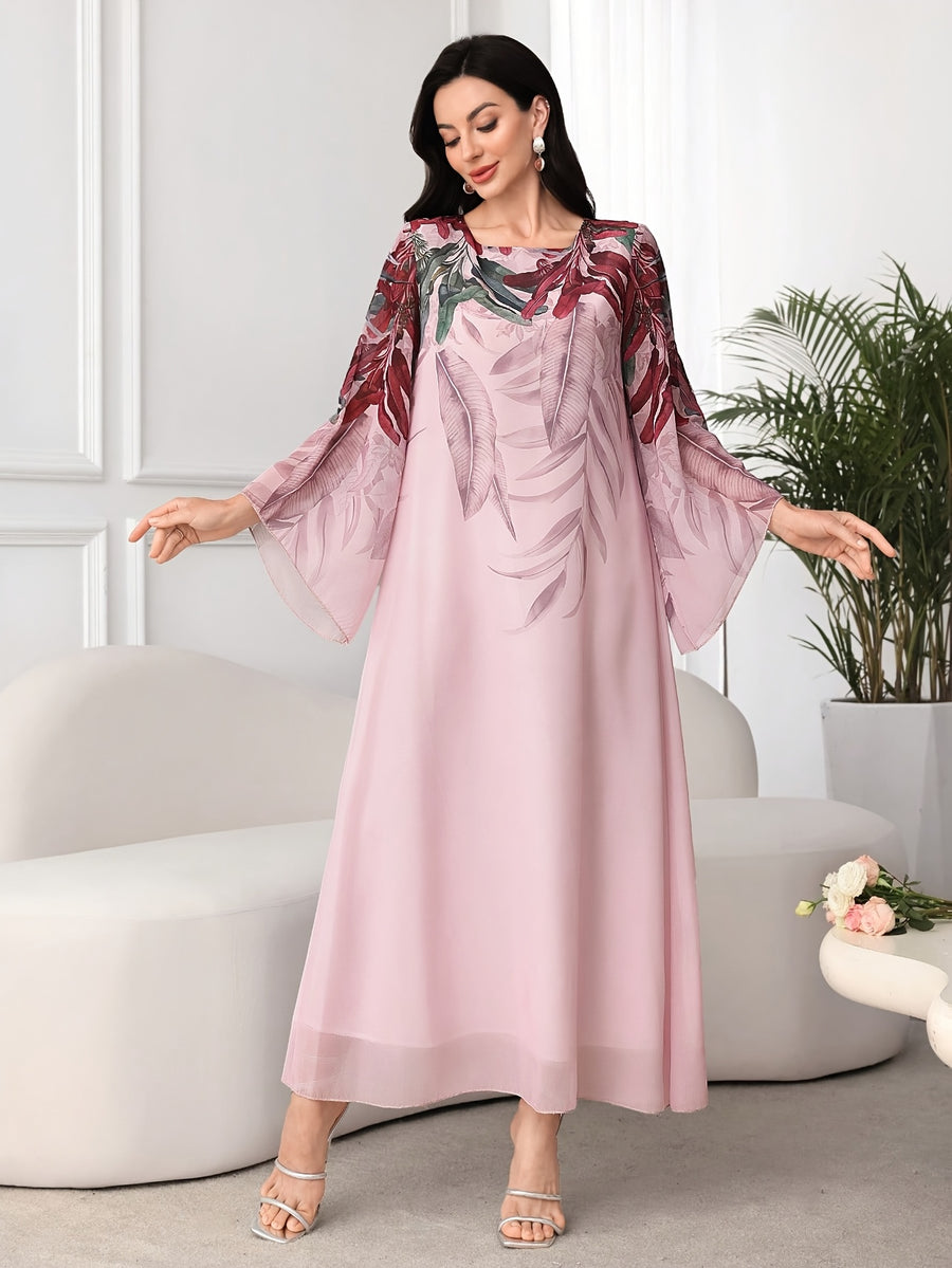 Women'S Tropical Plant Print Round Neck Long Sleeve Arab Style Dress - pink color