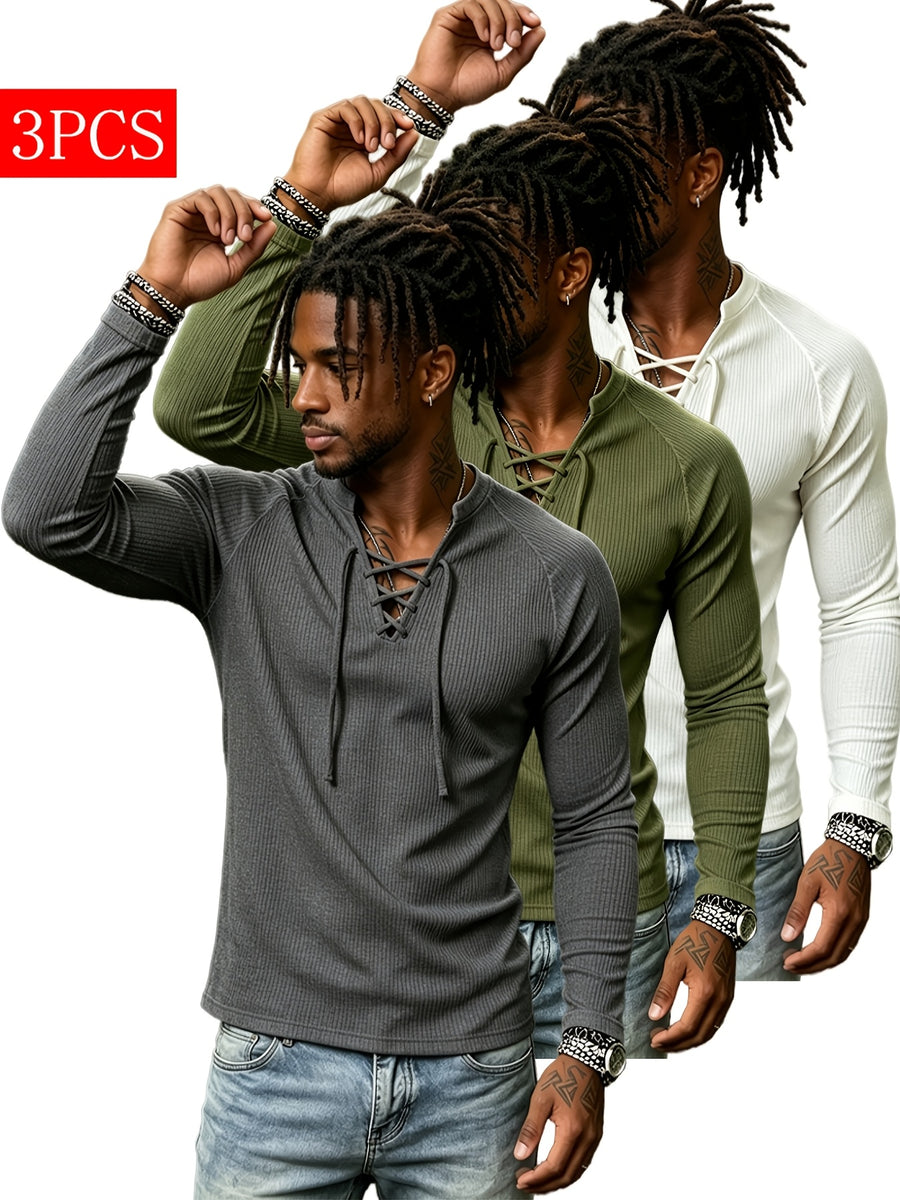 3pcs Men's Vintage Ribbed Knit Henley Long Sleeve Shirt - V-Neck Tie-Back Design, Slim Fit for a Slimming Look, American Tough Guy Style Raglan Sleeve T-Shirt, Versatile Base Layer for Autumn/Winter Fitness, Sports, and Streetwear - Gray+green+white