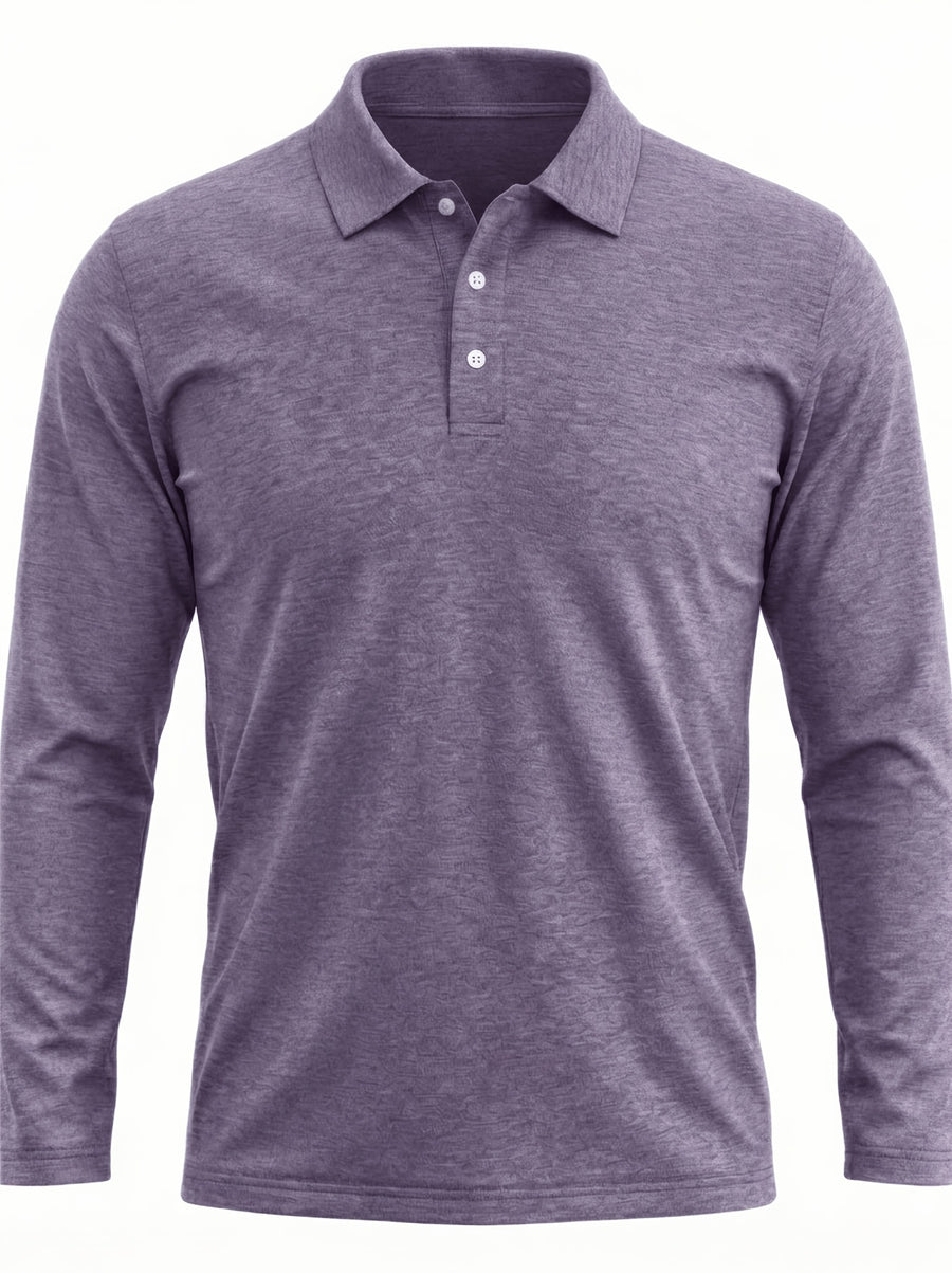 Spring/Autumn Men's Long-Sleeve T-Shirt, Men's Business Shirt, Open-Collar Lapel Color-Block Men's T-Shirt, Casual Party Wear, Suitable for Various Styling Combinations, Travel, Golf, Daily Wear, Suburban Outings, Family Trips, Parent-Teacher - Light Purple