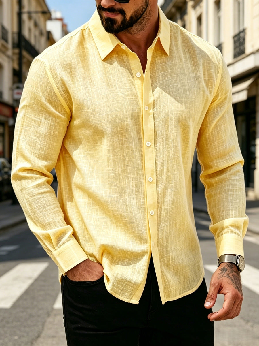 Men'S Summer Tencel Texture Lapel Long Sleeve Shirt, Casual Breathable Loose Vacation Style Button-Up. Tencel Texture with Delicate Pleated Feel, Breathable And Skin-Friendly, Non-Stuffy Fit, Classic Lapel Design, Convertible Sleeve Length - Lemon Yellow