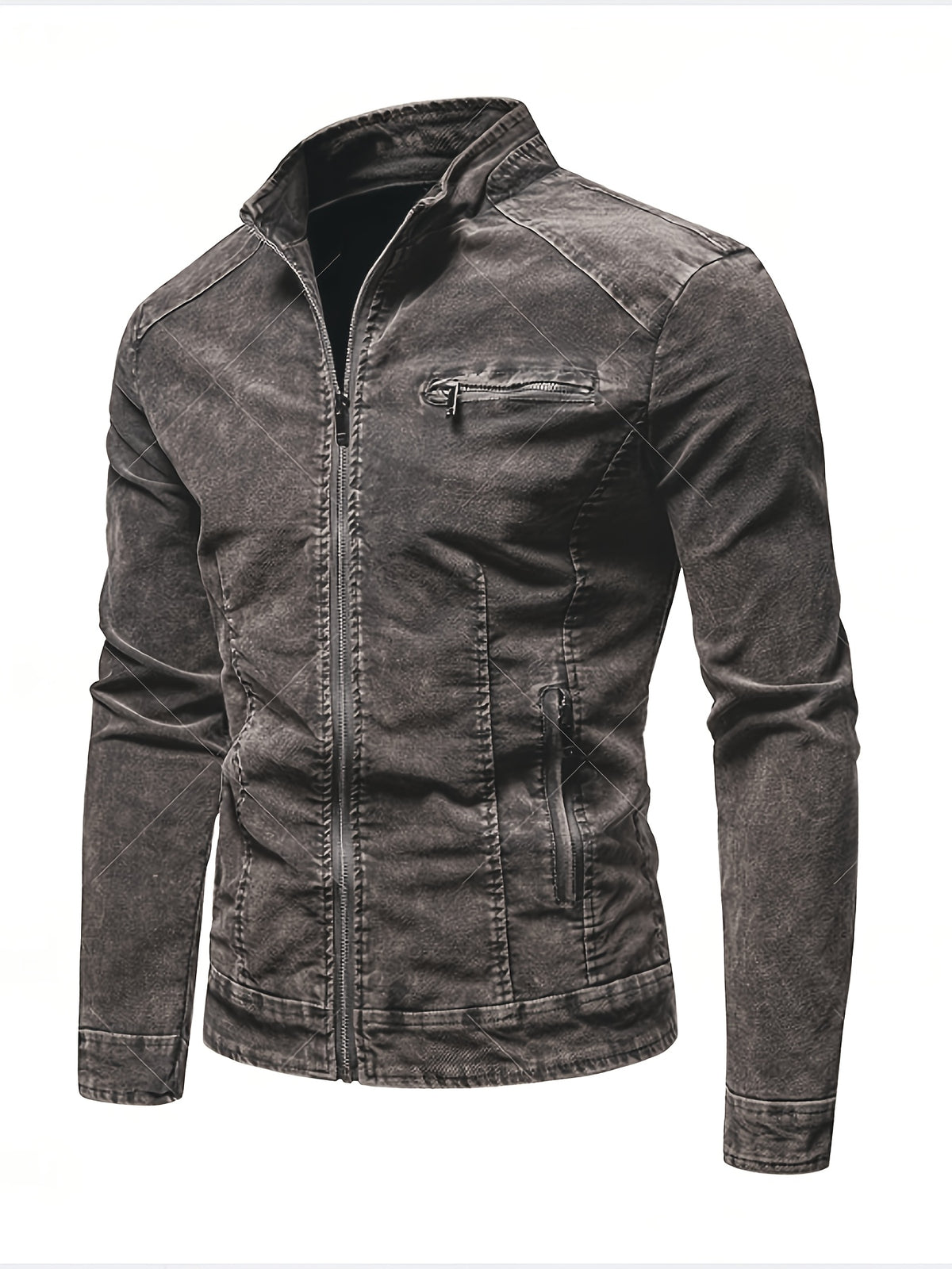 2026 New Washed Tie-Dye Denim Jacket for Men, Korean Style, Fashionable, Spring And Autumn Season, Chest Zipper Decoration, Versatile, Motorcycle Style, Cool And Casual Denim Clothing - Grey