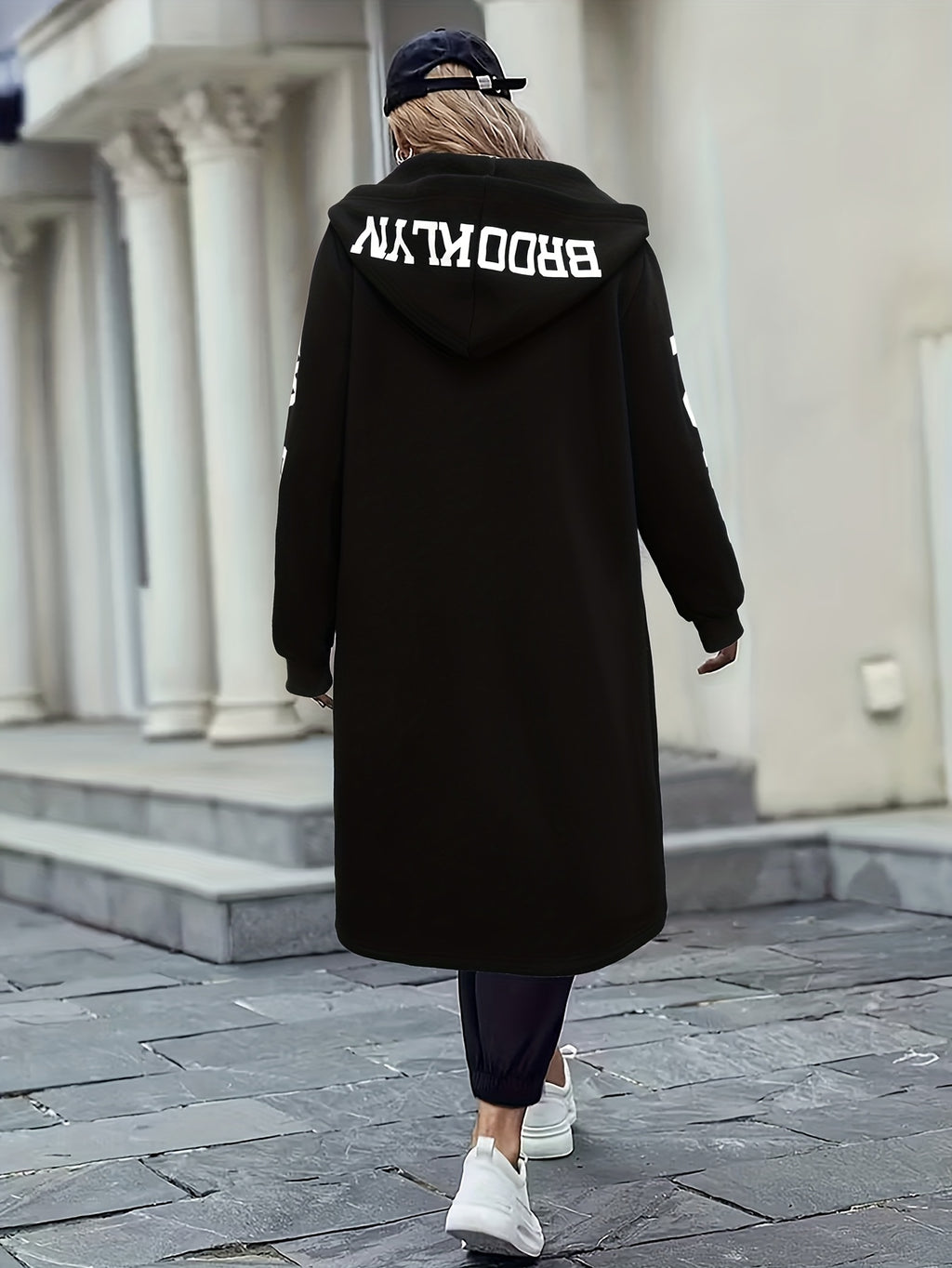 Women's New York & Love Letter Print Hooded Jacket with NYC Zipper Hoodie - Cozy Winter Outerwear, Pockets, Machine Washable Swe Coat for Casual or Office Wear - Black