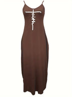 Oriented to European And American Foreign Trade Cross-Border New Women'S Long Dress, Slim And A-Line Solid Color Pattern Suspender Dress - Dark Brown