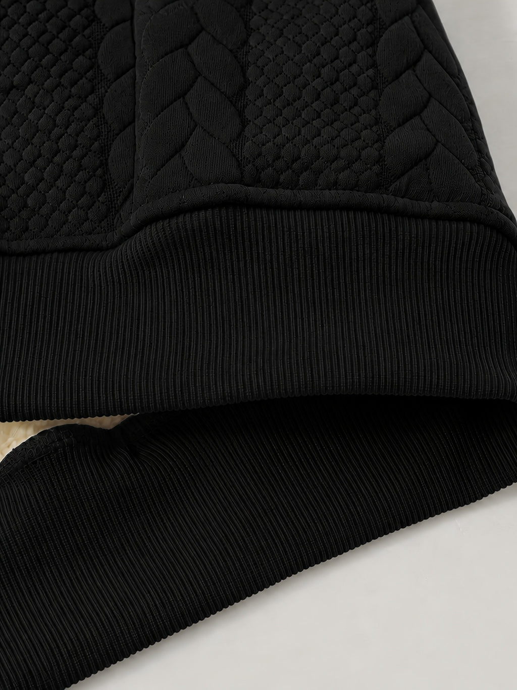Men's Autumn/Winter Solid Color Cable Knit Textured Fleece-Lined Sweatshirt, Heavyweight Plush Fleece Thickened Lining, Cold-Proof Casual Crew Neck Pullover Base Layer - Black
