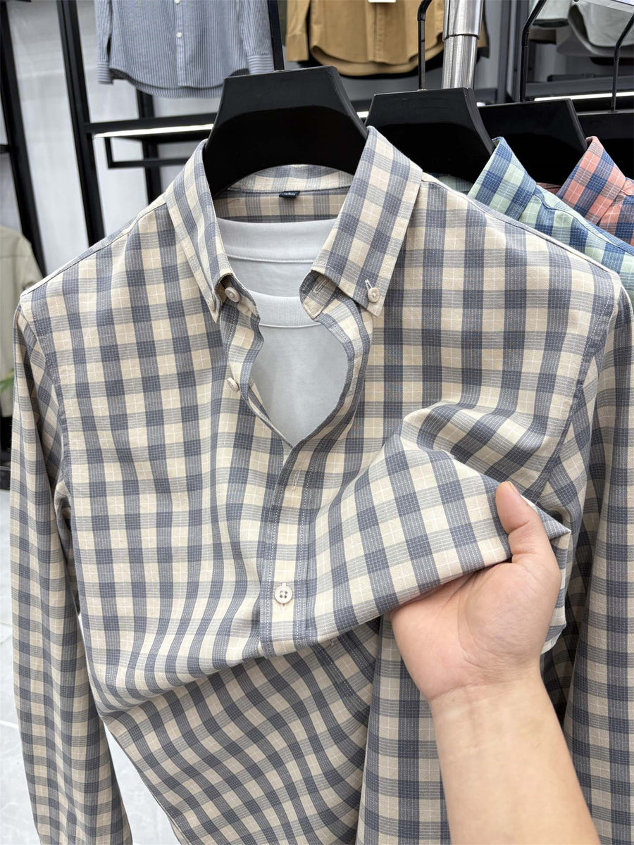 Men's Loose-Fit Thin Plaid Long-Sleeve Shirt for Spring, Summer, and Autumn, New Fashionable Casual Shirt for Young and Middle-Aged Men, Damai - Gray Grid