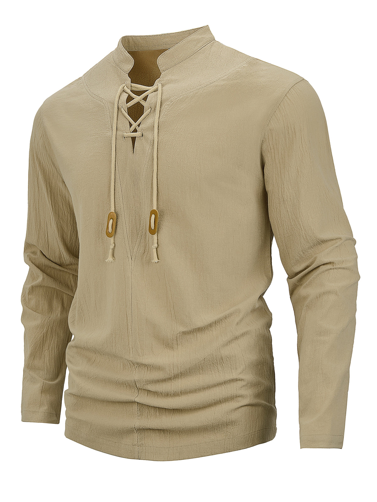 Men's Retro Linen Henley Shirt - Adjustable -Neck Collar & Drawstring Neckline, Lightweight Breathable Suitable for Beach Vacations, Resort Travel, Outdoor Leisure, Casual Pullover Top with Hem, Machine Washable Loose Fit - Khaki