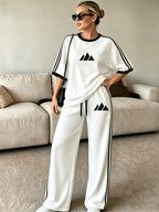2pcs Set of Barcode Women'S Short Sleeve Long Pants, Printed Color-Block Comfortable Soft Casual Outdoor Sports Set Long Sweatpants Short Sleeve Top - White
