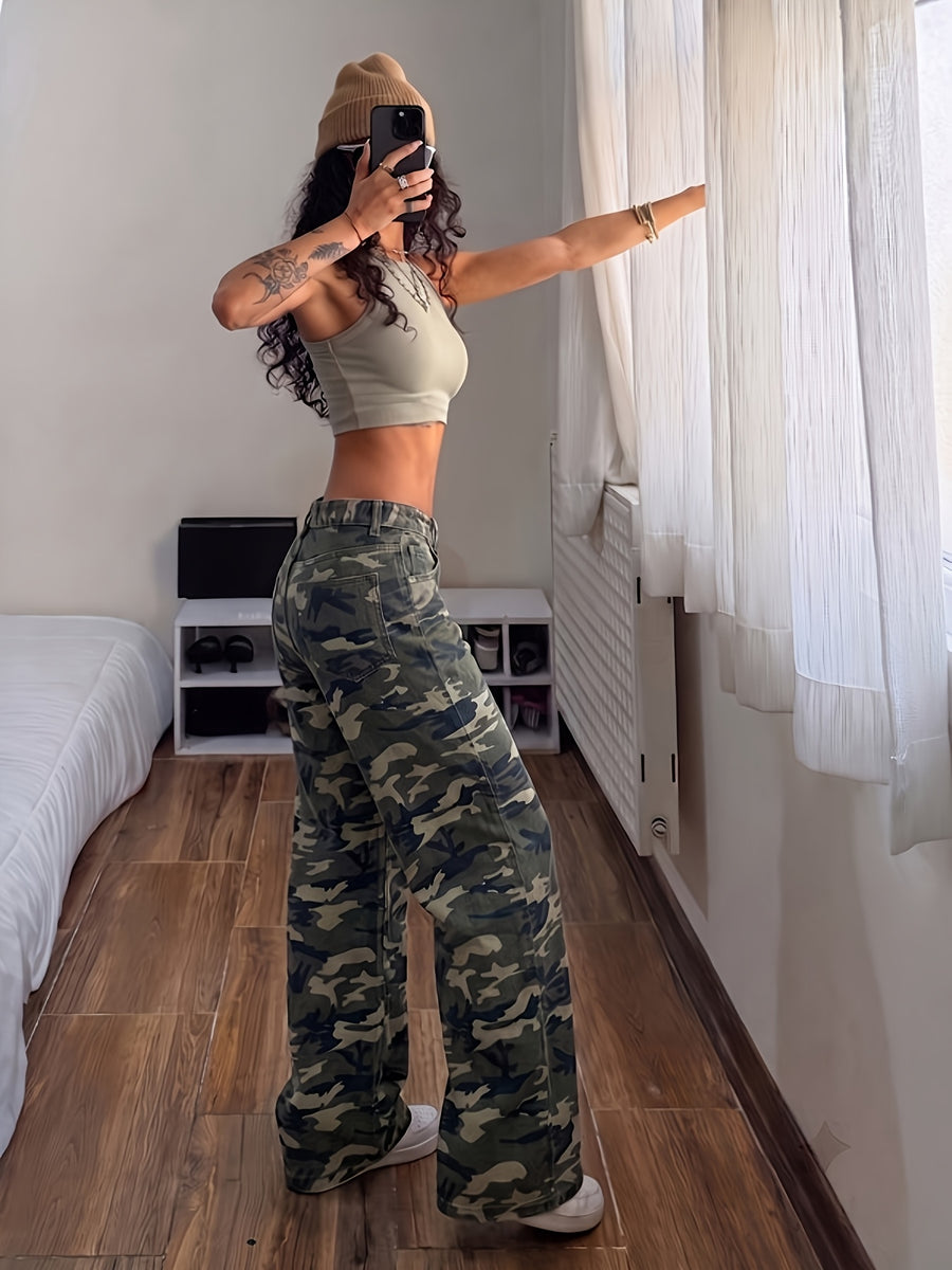 Vintage Camo High Waist Flare Jeans for Women Slim Wide Leg Bootcut Pants Y2K Streetwear Casual Floor Length Cargo Denim Trousers - Mixed colors