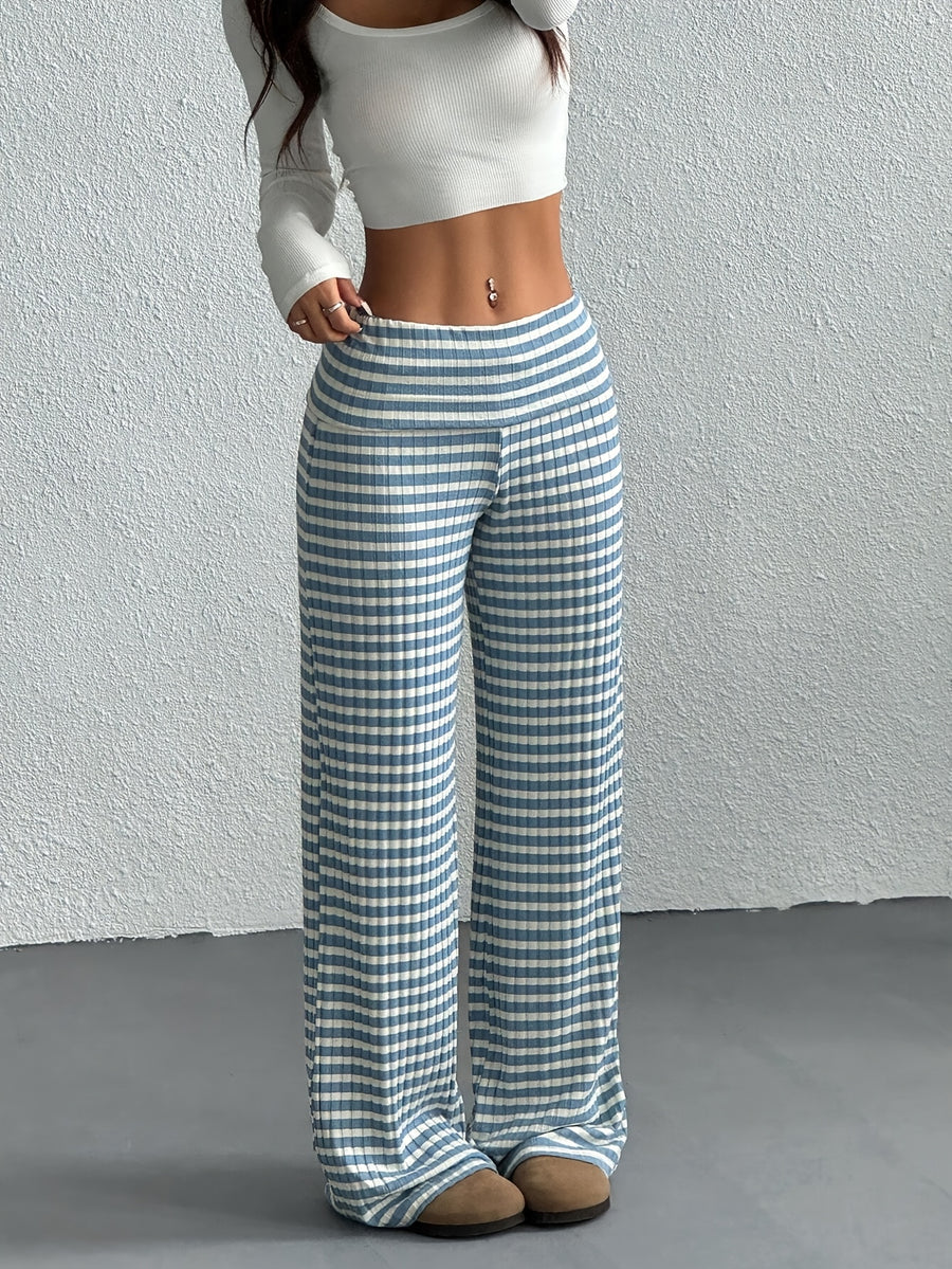 Women's Wide- Trousers - Wide- Pants with Striped, Wide-Legged Trousers Suitable for Spring/Summer, Machine Washable Elegant Wide Pants for, Casual & Semi-Formal Wear, Non- Wide Trousers - Sky Blue