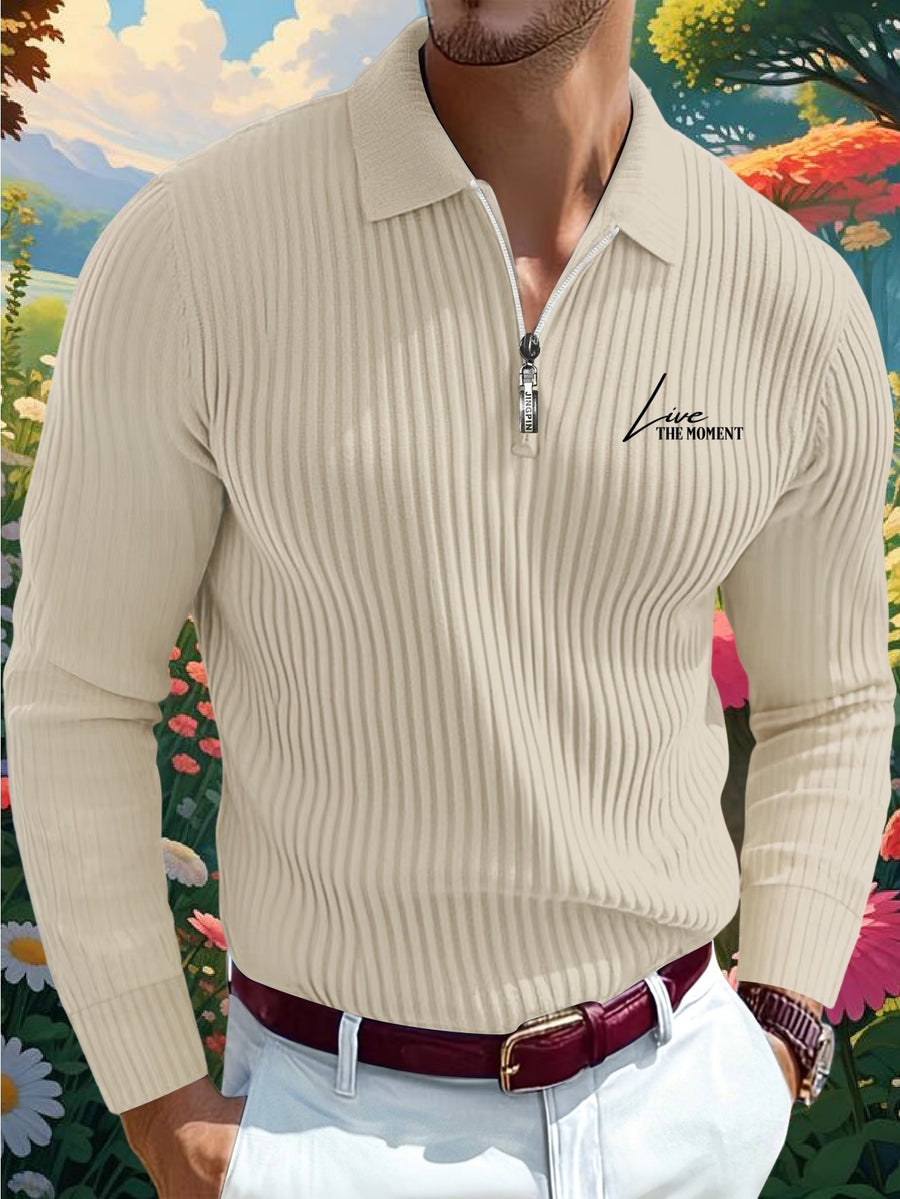 Men's Autumn/Winter Long Sleeve Lapel Collar Outdoor Casual Sport Half-Zip Polo Shirt - Apricot