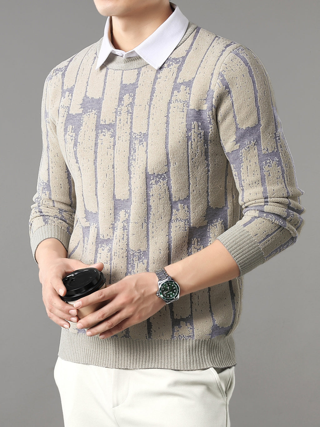 New High-End Men's Crew Neck Thickened Trendy Fashion Men's Autumn/Winter Warm Casual Base Layer Knit Sweater Valentine's Day Gift - Apricot