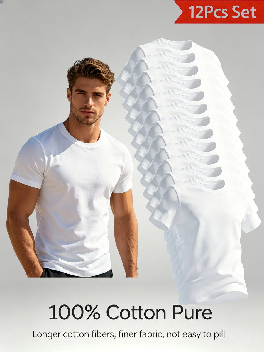 12pcs Set Pure Short Sleeve Soft Skin-Friendly Cloud-Like Fit Sports Casual Everyday Versatile No Limit Easy Design High-End Feel Cost-Effective Understand Life - White