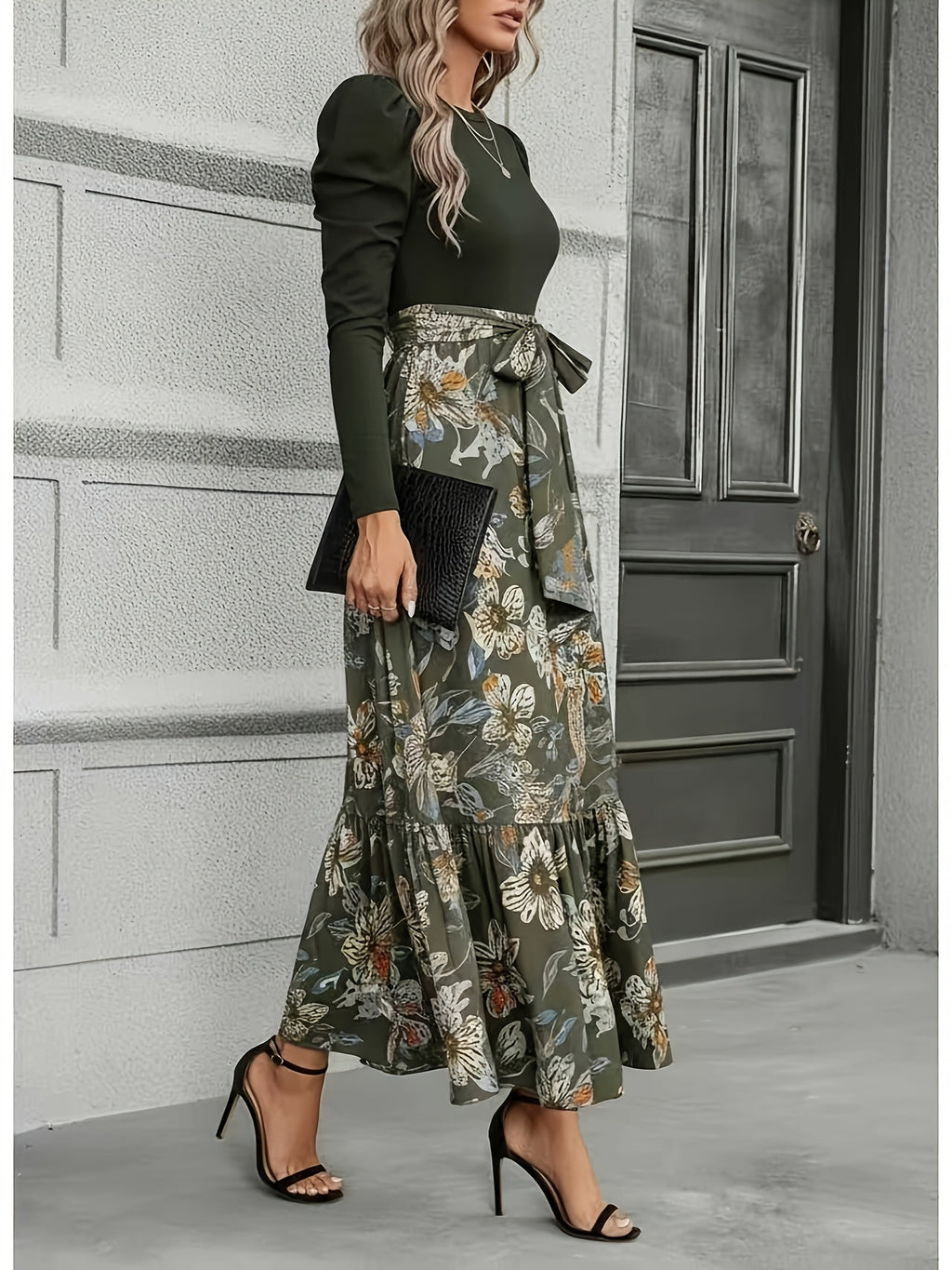 Elegant Everyday Casual Military Green Patchwork Floral Print Long Sleeve Maxi Dress for Women | Vintage Elegant Style, Suitable for Daily Outings, Light Socializing, and Banquet Occasions, Spring/Summer Dress - fern green