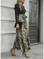 Elegant Everyday Casual Military Green Patchwork Floral Print Long Sleeve Maxi Dress for Women | Vintage Elegant Style, Suitable for Daily Outings, Light Socializing, and Banquet Occasions, Spring/Summer Dress - fern green