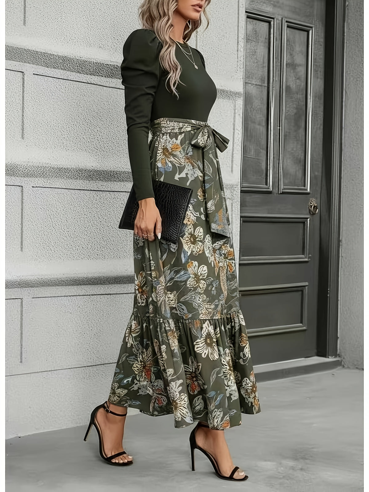 Elegant Everyday Casual Military Green Patchwork Floral Print Long Sleeve Maxi Dress for Women | Vintage Elegant Style, Suitable for Daily Outings, Light Socializing, and Banquet Occasions, Spring/Summer Dress - fern green
