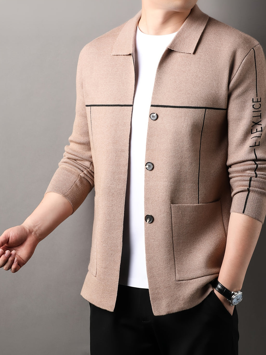 Xingfan Autumn/Winter Men's Line Embroidery Cardigan Long Sleeve Casual Lapel Knitted Outerwear - Camel