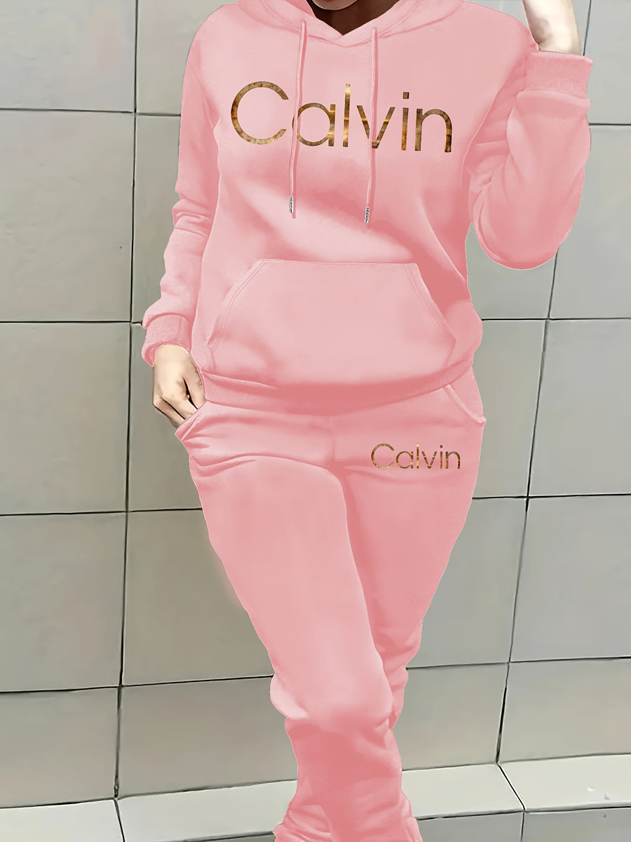 Graphic Print Two-Piece Set, Crew Neck Sweatshirt And Pants, Women'S Clothing - Pink 1