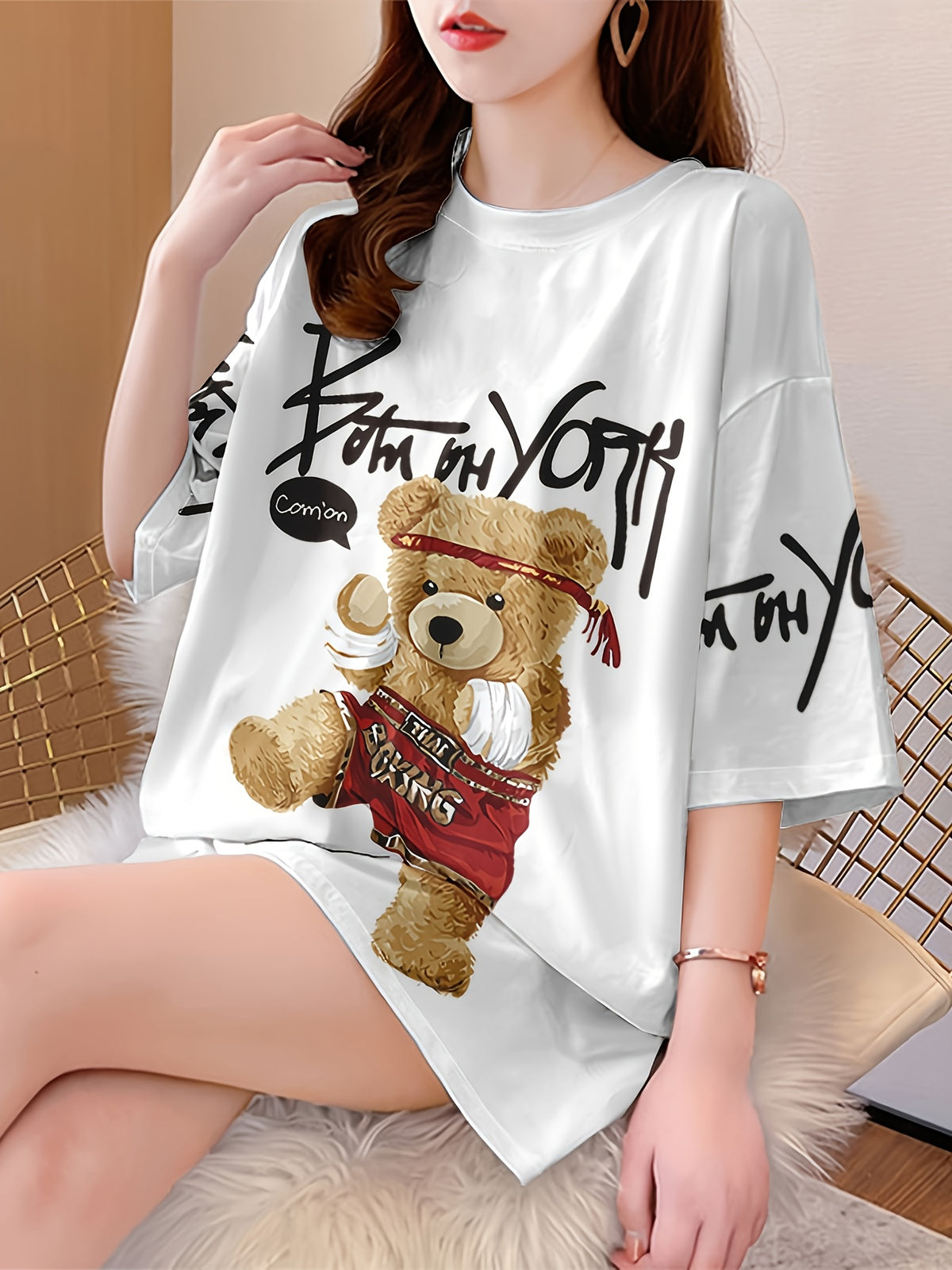 Summer New Large Size Loose Fashion Trend Slim Cartoon Round Neck Print Ladies Women'S Medium And Long Short-Sleeved T-Shirt Clothes - White