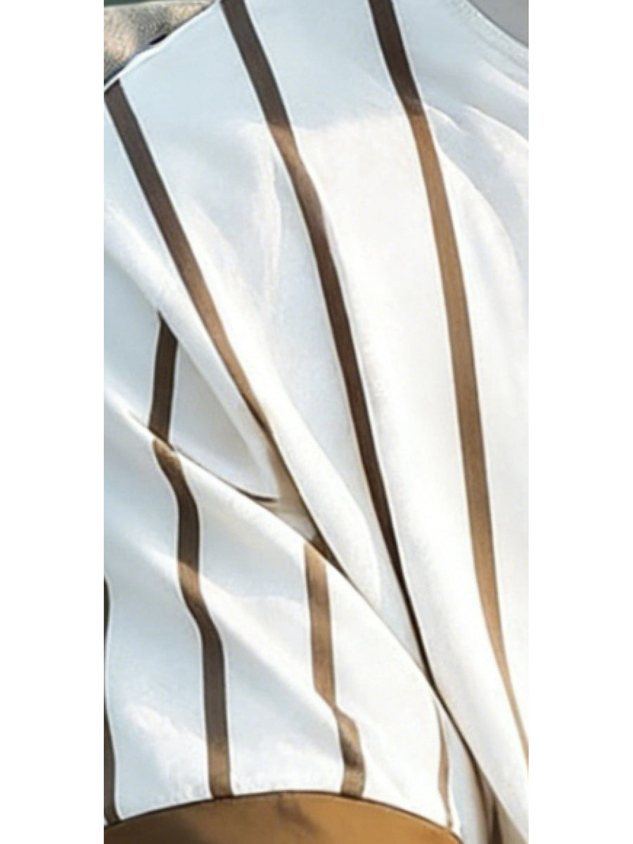 Printed Design – Not Textured: Men's Casual T-Shirt, Fashionable Streetwear Style, Gym/Club Style, Solid White with Light Brown Vertical Stripes, Contrast Cuffs, Crew Neck, Slight Stretch, Suitable for All Seasons, Versatile Top for Outdoor Wear - Mixed colors