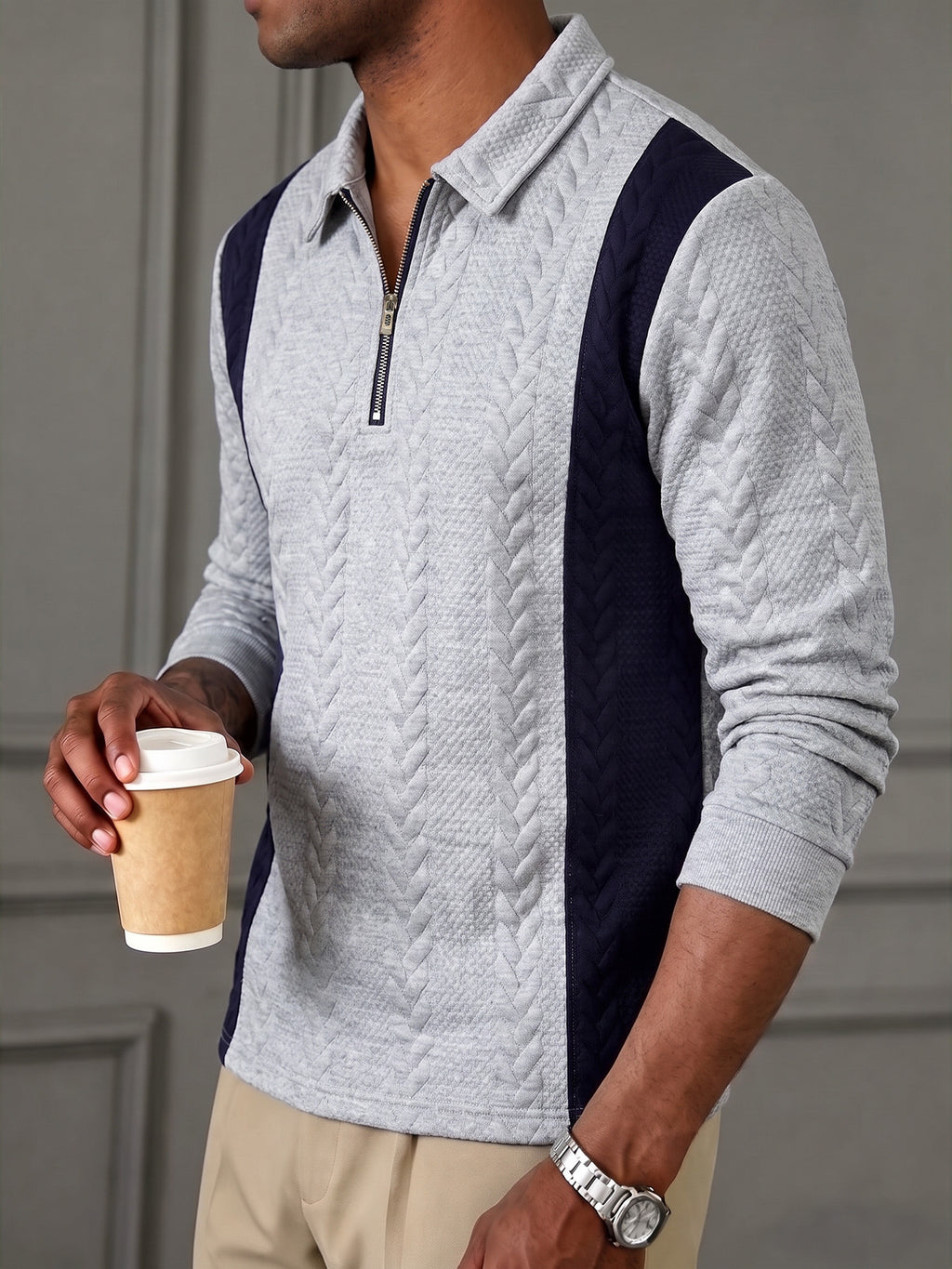1 Men's Cable Knit Textured Color-Block Half-Zip Long Sleeve Polo Shirt, Color-Block Raglan Striped Patchwork Lapel Half-Zip Pullover Top, Spring/Autumn Regular Lapel Long Sleeve Polo Top, Suitable for Outdoor Leisure, Commuting, Dating - Light Gray Navy Blue