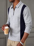1 Men's Cable Knit Textured Color-Block Half-Zip Long Sleeve Polo Shirt, Color-Block Raglan Striped Patchwork Lapel Half-Zip Pullover Top, Spring/Autumn Regular Lapel Long Sleeve Polo Top, Suitable for Outdoor Leisure, Commuting, Dating - Light Gray Navy Blue