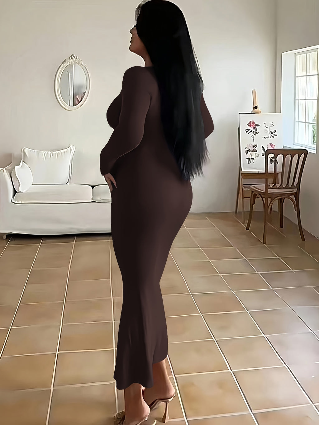 Tight Ultra-Long Women'S Autumn Long Sleeve Square Neck A-Line Sexy Bodycon Dress - Coffee Brown