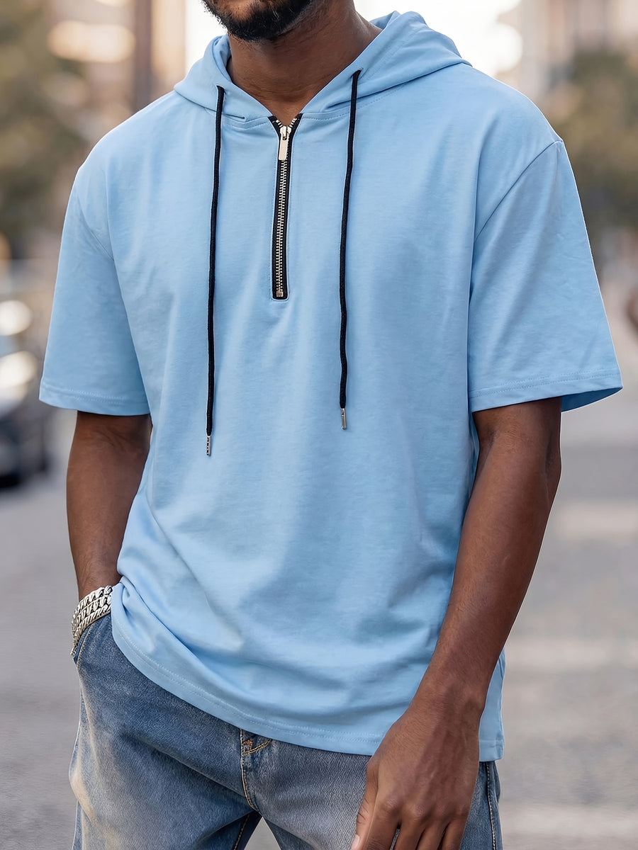 Pearson OBM Men's Casual Fashion Hooded Short Sleeve, Half-zipper Design, Drawstring Design, Soft and Comfortable Fabric, Durable and Practical, High-quality Men's Hoodies, Suitable for Casual Attire and Sports - Sky Blue