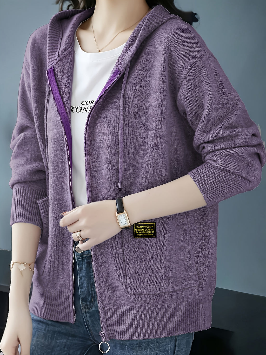 Women's Cardigan, Spring/Autumn Lazy Style Sweater Jacket, Loose Fit Outerwear Hooded Top - Purple