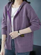 Women's Cardigan, Spring/Autumn Lazy Style Sweater Jacket, Loose Fit Outerwear Hooded Top - Purple