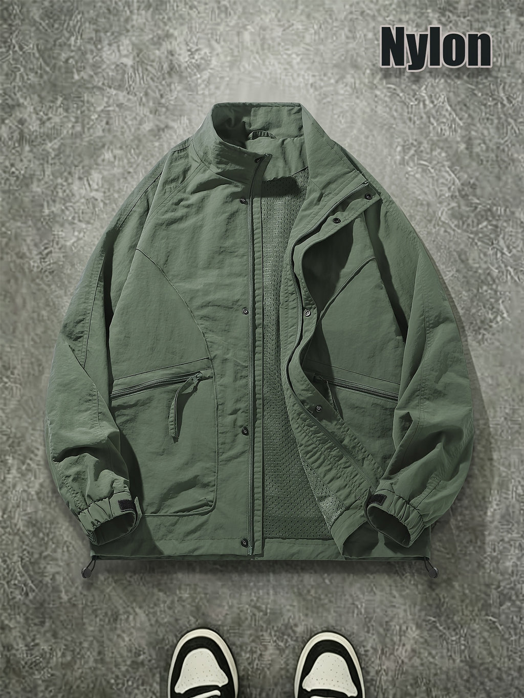 Men's Spring/Autumn American-Style Nylon Solid Color Stand Collar Jacket, Breathable Lightweight Windproof Functional Workwear Outerwear, Loose Fit Streetwear Casual Windbreaker - fern green